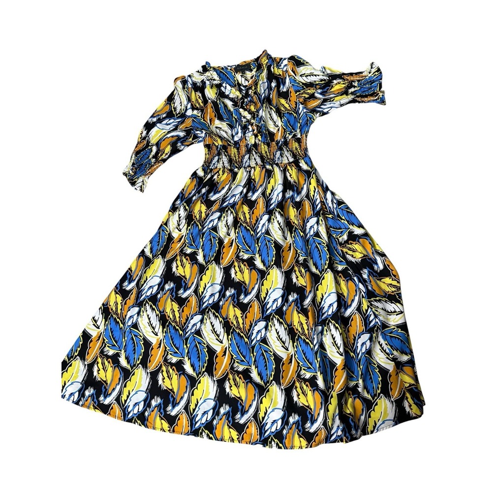 Gracia Feather Print Midi Dress Small Smocked Waist Ruffle V Neck Puff Sleeve